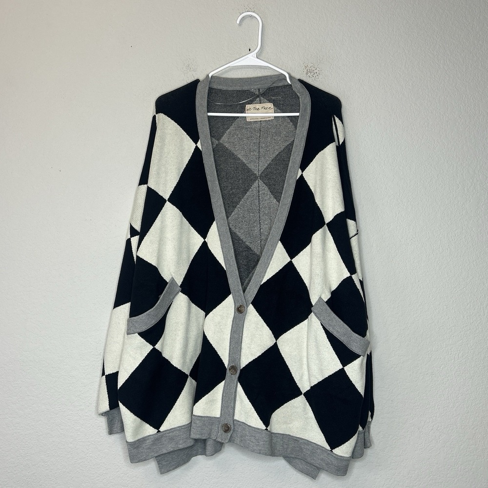 Free People We The Free Manny Checkered Cardigan Sweater Black White Argyle L